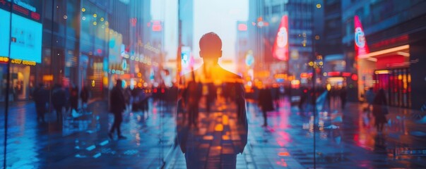 Obraz premium Business entrepreneur on city sidewalk close up, focus on, copy space vibrant street, Double exposure silhouette with street life