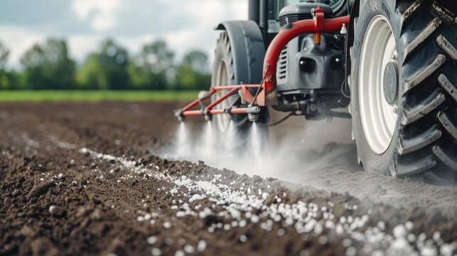 A tractor applies fertilizer to a field of soil. The white fertilizer is being sprayed in a line across the field