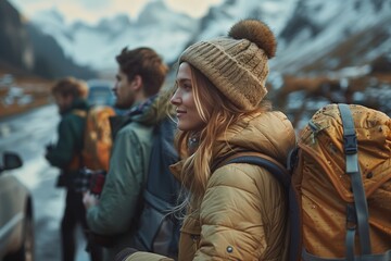 Fototapeta premium Woman in a Tan Beanie and Jacket With Backpack Ready for a Mountain Hike