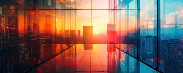 Naklejka premium Business presentation in urban office close up, focus on, copy space vivid hues, Double exposure silhouette with city buildings