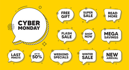 Offer speech bubble icons. Cyber Monday Sale tag. Special offer price sign. Advertising Discounts symbol. Cyber monday chat offer. Speech bubble discount banner. Text box balloon. Vector