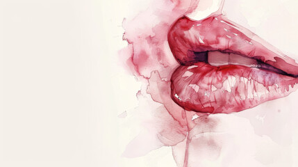 watercolor drawing of beautiful red lips on a white background. abstract watercolor background with copy space. 