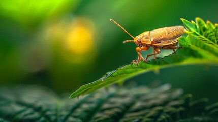 Naklejka premium Close-up of a small insect on a leaf with a vibrant green background. High detail macro photograph focusing on nature and wildlife photography. Perfect for educational and scientific use. AI