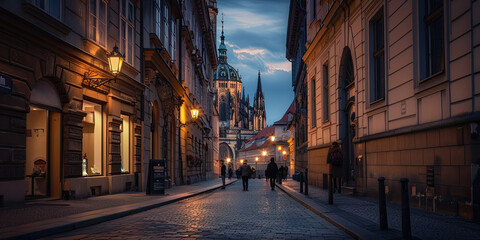 Fototapeta premium A European city at dusk with historic cobblestone streets, old buildings, a distant cathedral, and warm street lamps illuminating leisurely strollers, capturing a timeless elegance.