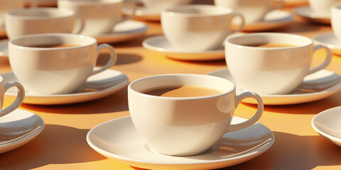 White cups of coffee on the table, side view