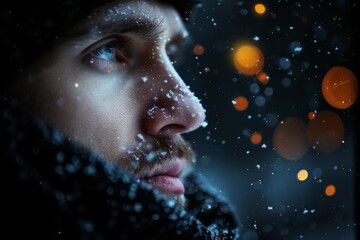 Close Up of Mans Face Covered in Snowflakes During Winter Night