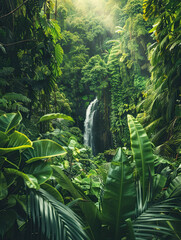 Waterfall in Vibrant Lush Rainforest