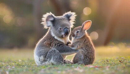 Fototapeta premium Koala and Rabbit in Tender Embrace A heartwarming scene of a koala and a rabbit sitting on grass, embracing each other with soft sunlight in the background. 