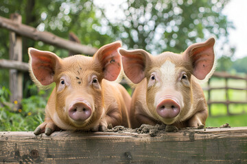 Two Pigs on a Farm Fence - Close-up Shot