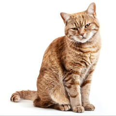 Fototapeta premium Beautiful ginger tabby cat with intense gaze sitting on a white background