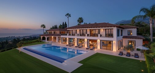 Fototapeta premium Luxurious modern mansion with a large swimming pool and stunning sunset views, surrounded by lush greenery and open space.