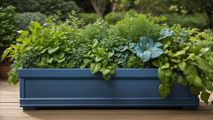 A blue rectangular planter filled with various green plants and herbs.

