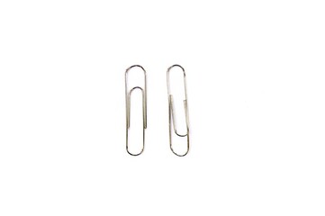 Metal clip. Minimalism office paper clip for important documents and files. White background, isolation.