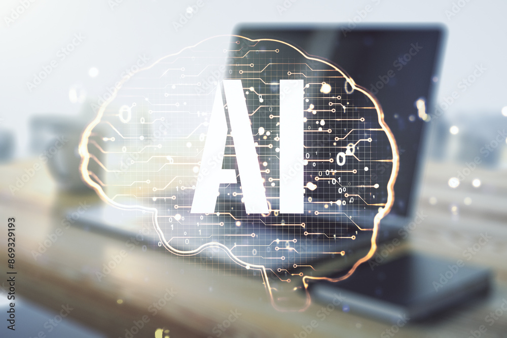 Wall mural creative artificial intelligence concept with human brain hologram and modern desktop with computer 