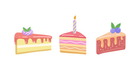 Cake slice pieces  isolated on white background. Vector illustration set  for stickers and postcards