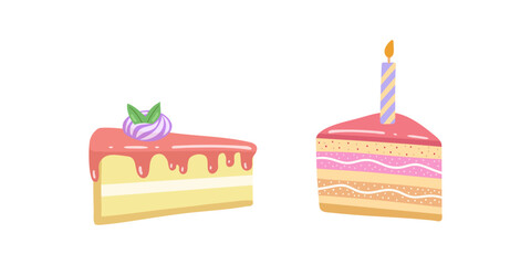 Cake slice pieces  isolated on white background. Vector illustration set  for stickers and postcards