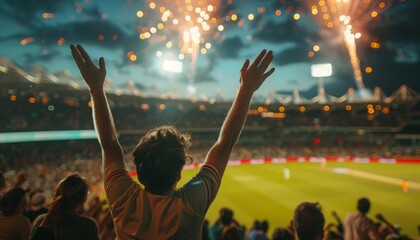 Fan Celebrating a Point with Arms Raised at a Cricket Match with Fireworks in the Background