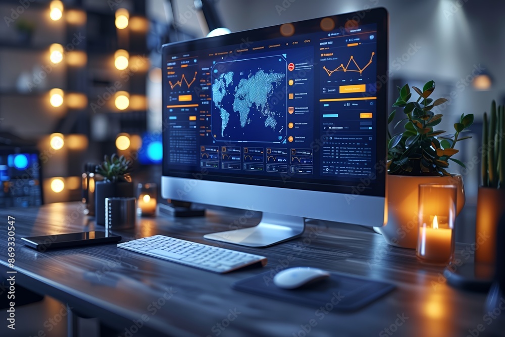 Poster modern desktop with lit candles and world map data display