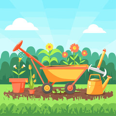 illustration features a colorful, cartoon-style depiction of gardening tools and plants