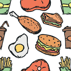 Seamless American food pattern. Doodle ilustration with american food icons. Fast food background