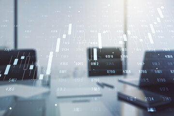 Double exposure of abstract creative statistics data hologram and modern desk with computer on background, analytics and forecasting concept