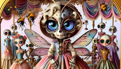 Fotograf&iacute;a hiperrealista personaje caprichoso, insecto estilo steampunk colores pastel, detalles mec&aacute;nicos, marionetas, ilustraci&oacute;n 3D, para ni&ntilde;os, cuento, storybook