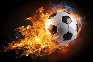 Fototapeta premium A soccer ball flies on fire against a dark background.