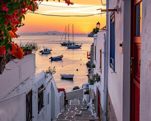 Tranquil Coastal Town and Harbor at Sunset