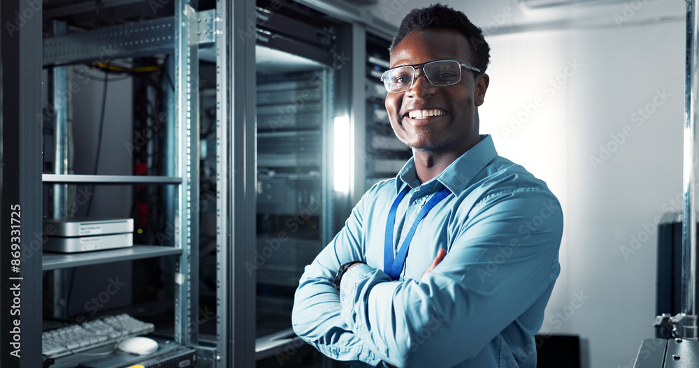 Poster Man, portrait and engineer with crossed arms in server room, firmwear update and programmer or cyber security. Developer, confident and IT support or upgrade network or gdpr, database and data centre