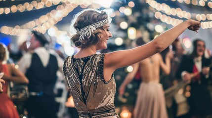 A woman in a vintage 1920s dress dancing at a Gatsby-themed party