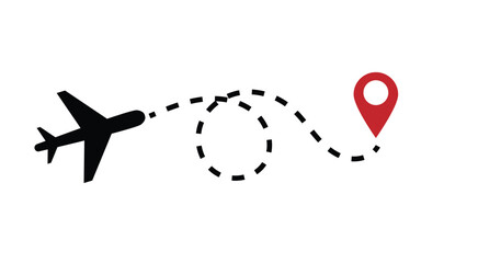 Silhouette of Airplane Flying to Destination Point Top View. Travel tourism and transportation means concept