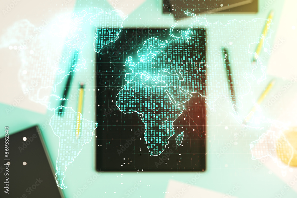 Poster Multi exposure of abstract graphic world map and modern digital tablet on background, connection and communication concept