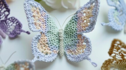 Delicate crochet butterfly in soft pastel colors, ideal for springtime decorations, handmade gifts, and DIY projects.