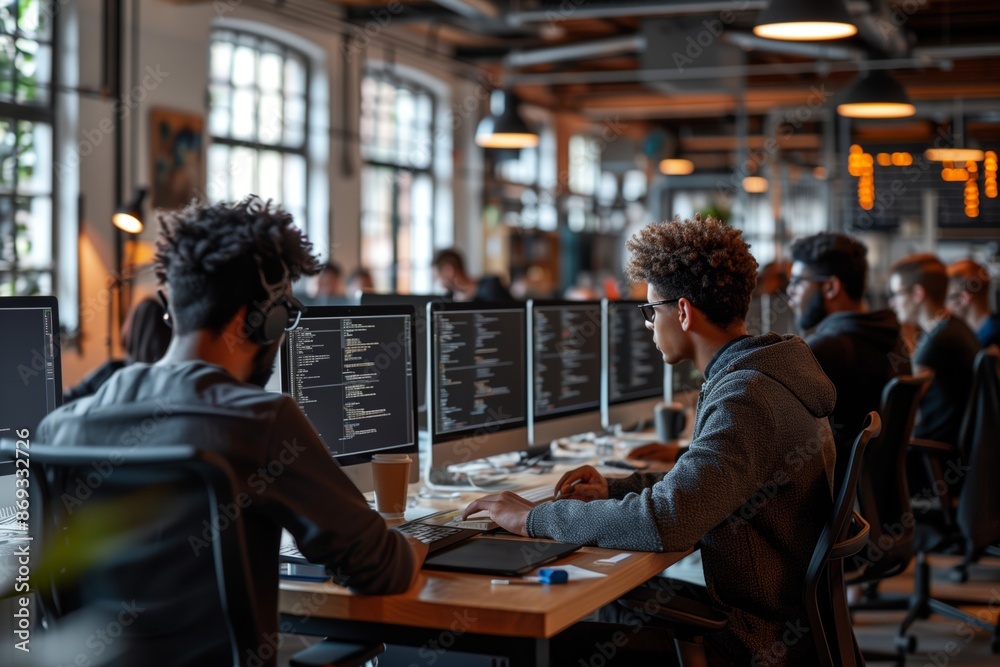 Poster two programmers working on code in a modern open office
