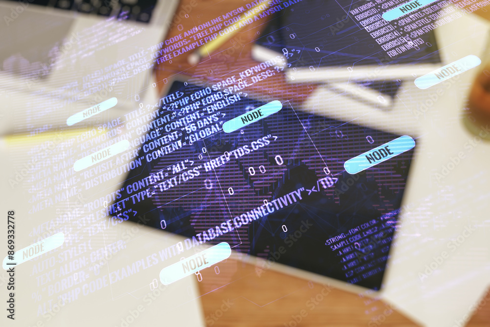 Aufkleber double exposure of abstract programming language hologram with world map and digital tablet on backg