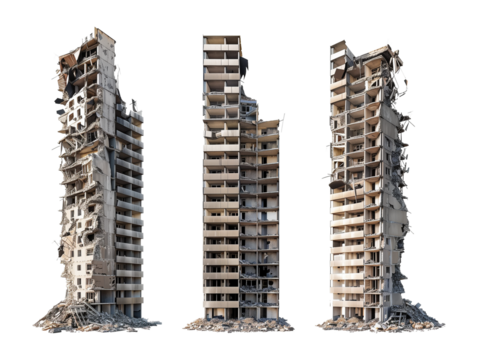 Destroyed Building Set Isolated on Transparent Background

