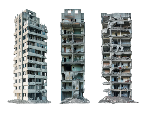 Ruined Building Skyscraper Set Isolated on Transparent Background
