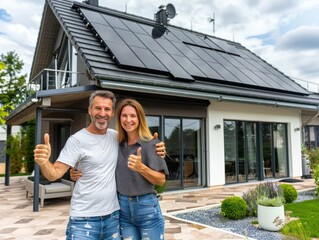 Modern German house with black solar panels on the roof happy couple summer nature