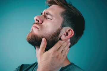 Obraz premium A man's neck pain Man with hand touching painful part of neck.