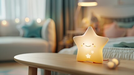 A smiling star-shaped night light illuminates a wooden table in a bedroom