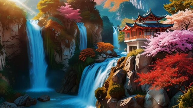 View of Chinese temple on the hill, in a smooth looping background with 4K video animation.