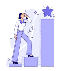 Business activity. Ambitious woman company employee moving up career ladder to achieve goals. Leadership, professional growth and development. Flat vector illustration isolated on white background