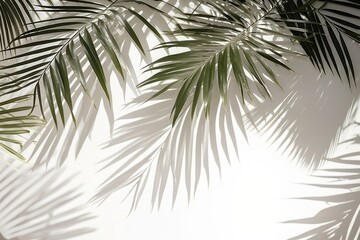 A white wall with green palm leaves and shadows sunlight outdoors nature.