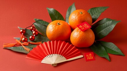 Closeup of oranges, red fan and red envelopes with Chinese characters, on a red background.