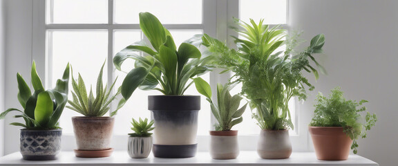 Collection of various houseplants displayed in ceramic pots with transparent background Potted exoti