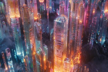 Obraz premium Crystal Cityscape, A Glowing Metropolis of Glass