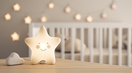 A smiling star-shaped night light illuminates a wooden table in a bedroom