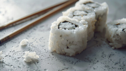 Close-up of a tasty looking traditional Japanese  uramaki with restaurant serve