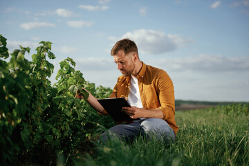 Quality control, with notepad. Handsome man is on the agricultural field at daytime