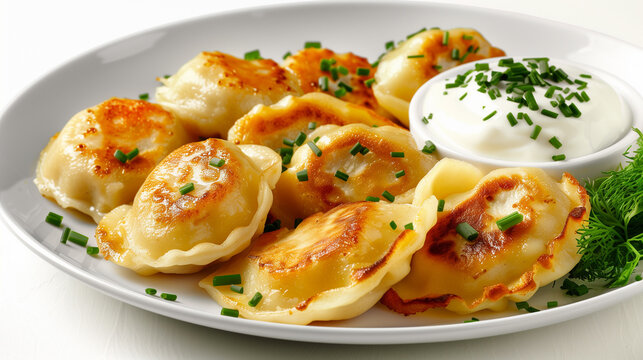 Close-up of a tasty looking traditional Eastern European pierogi with sour cream on a plate with restaurant serve